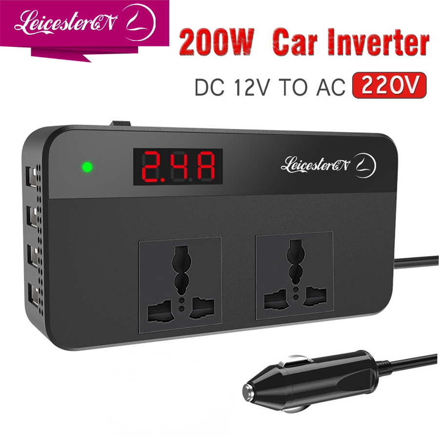 LST 200W Car Power Inverter Converter DC12V to AC220V 2 AC Outlets 4 USB Charger (2.4A MAX*2+QC3.0*2 Fast Charging) Car Accessories Power Converter with Digital Display