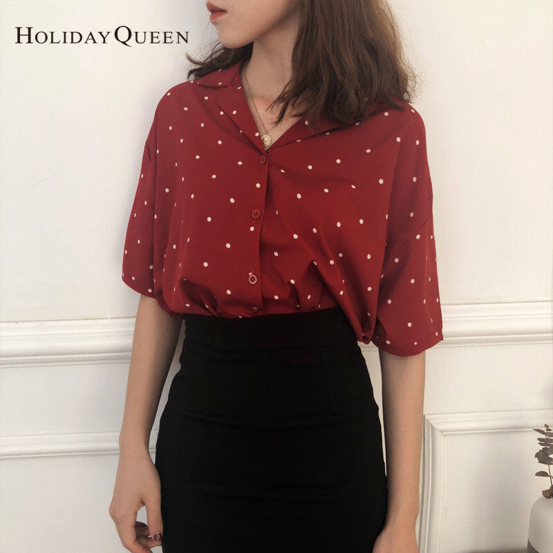 HolidayQueen Summer Dress Korean Version All-match Polka Dot Short-sleeved Shirt Top Women's Slim Suit Collar Single-breasted ShirtWomen's clothing HQP0899